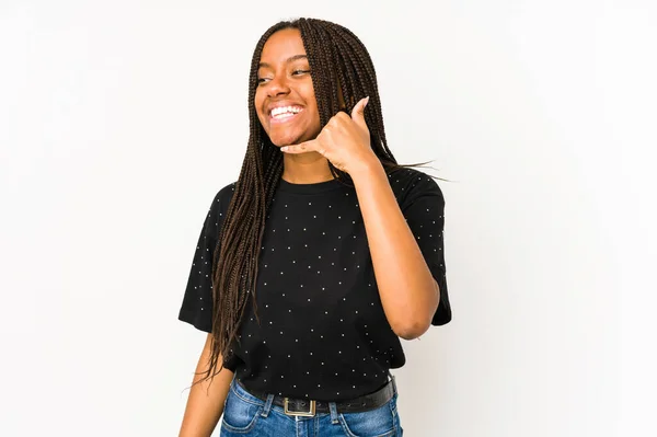 Młoda Afroamerykanka Odizolowana Białym Tle Pokazująca Gest Rozmowy Przez Telefon — Zdjęcie stockowe