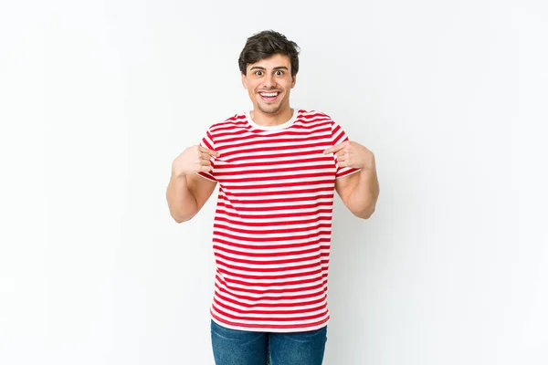 Young Cool Man Surprised Pointing Finger Smiling Broadly — Stock Photo, Image