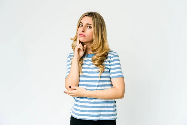 Young Caucasian Blonde Woman Contemplating Planning Strategy Thinking Way Business — Stock Photo, Image