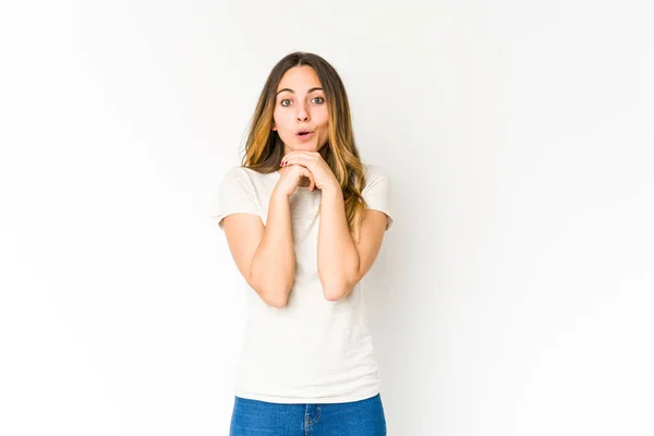 Jeune Femme Caucasienne Isolée Sur Fond Blanc Priant Pour Chance — Photo