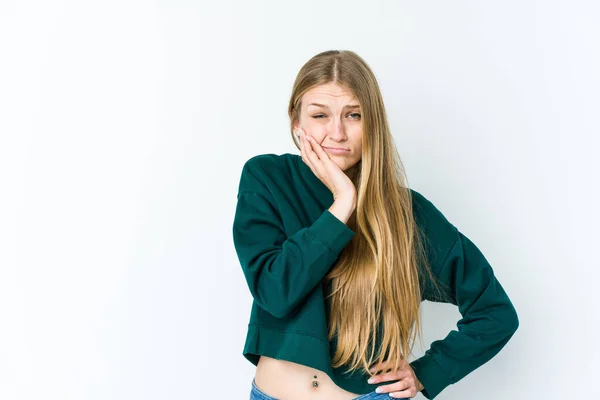 Beyaz Arka Planda Izole Edilmiş Genç Sarışın Kadın Üzgün Dalgın — Stok fotoğraf