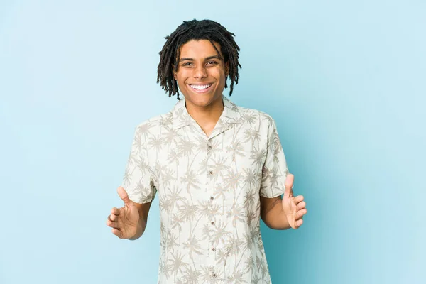 Young African American Rasta Man Holding Something Both Hands Product — Stock Photo, Image