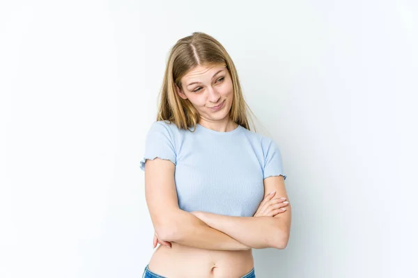 Young Blonde Woman Isolated White Background Suspicious Uncertain Examining You — Stock Photo, Image