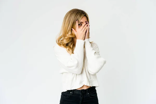 Young Caucasian Blonde Woman Blink Fingers Frightened Nervous — Stock Photo, Image