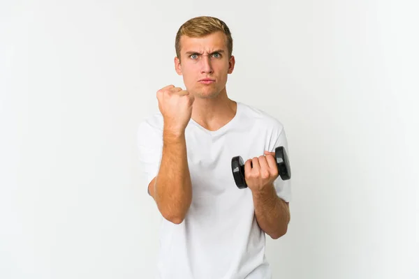 Jonge Blanke Man Houdt Een Gewicht Geïsoleerd Witte Achtergrond Tonen — Stockfoto