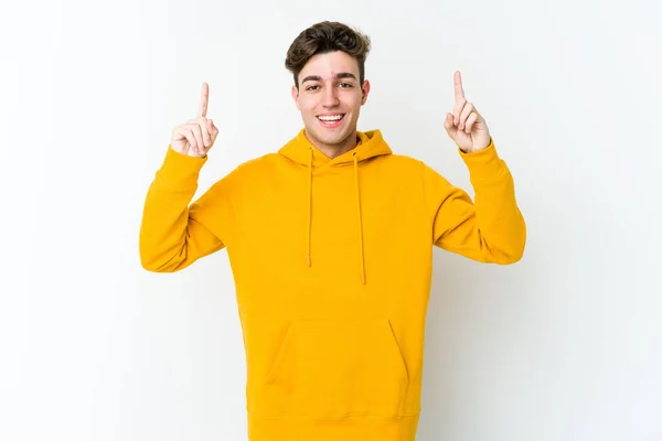 Young Caucasian Man Isolated White Background Indicates Both Fore Fingers — Stock Photo, Image