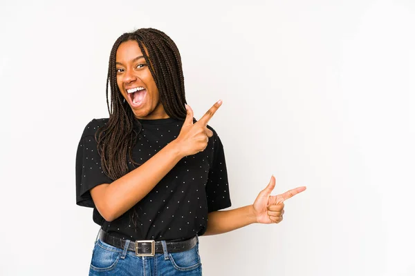 Young African American Woman Isolated White Background Pointing Forefingers Copy — Stock Photo, Image