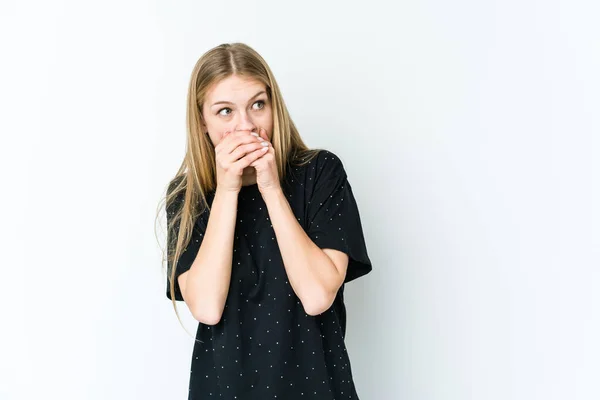 Mujer Rubia Joven Aislada Sobre Fondo Blanco Reflexivo Mirando Espacio —  Fotos de Stock