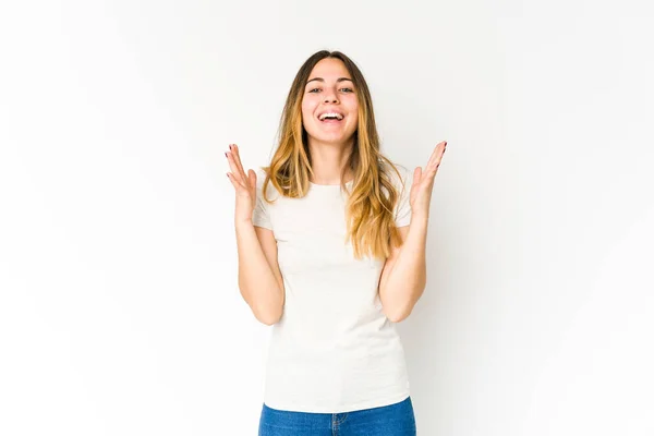 Young Caucasian Woman Isolated White Background Laughs Out Loudly Keeping — Stock Photo, Image