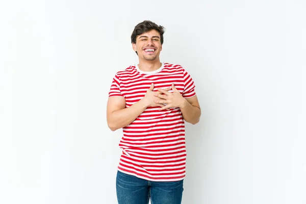 Joven Hombre Fresco Riendo Manteniendo Las Manos Corazón Concepto Felicidad —  Fotos de Stock