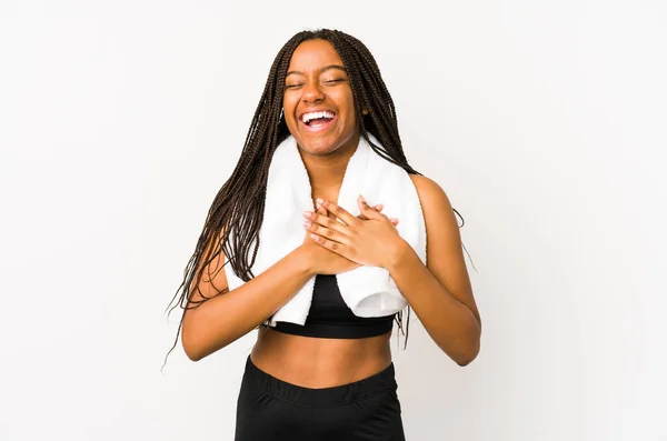 Young African American Sport Woman Isolated Laughing Keeping Hands Heart — Stock Photo, Image