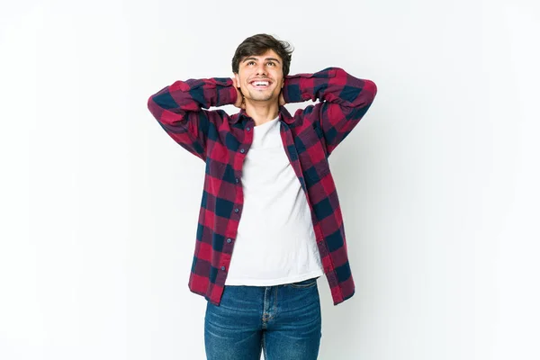 Young Cool Man Feeling Confident Hands Head — Stock Photo, Image