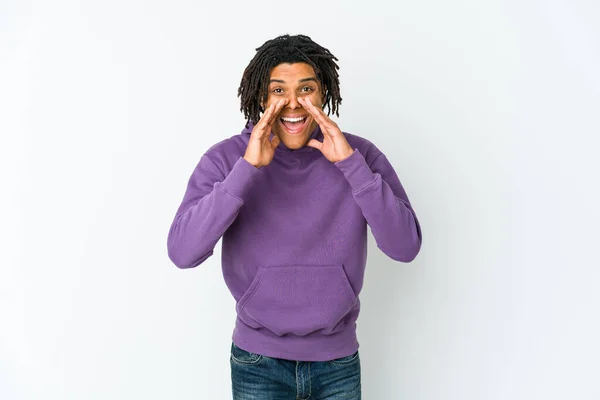 Young African American Rasta Man Saying Gossip Pointing Side Reporting — Stock Photo, Image