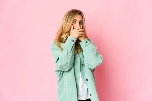 Young Caucasian Blonde Woman Shocked Covering Mouth Hands — Stock Photo, Image