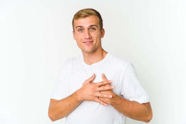 Junger Kaukasischer Gutaussehender Mann Mit Freundlichem Gesichtsausdruck Der Die Handfläche — Stockfoto