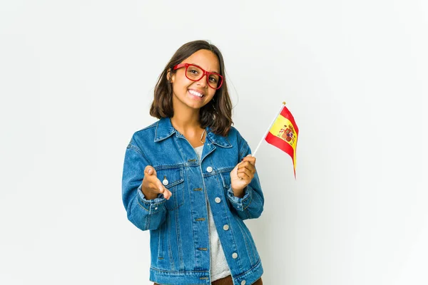 Junge Spanierin Mit Einer Fahne Auf Weißem Hintergrund Die Zur — Stockfoto