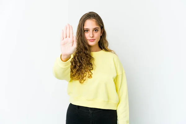 Young Caucasian Woman Standing Outstretched Hand Showing Stop Sign Preventing — Stock Photo, Image