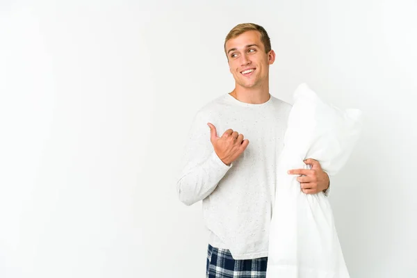 Young Caucasian Man Going Sleep Isolated White Background Points Thumb — Stock Photo, Image