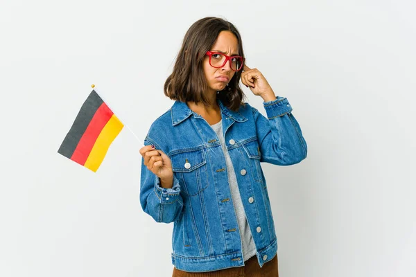 Young Latin Woman Holding German Flag Isolated White Background Pointing — Stock Photo, Image