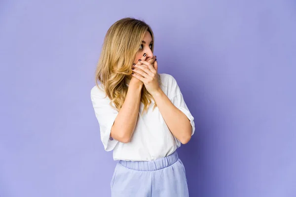 Young Caucasian Blonde Woman Thoughtful Looking Copy Space Covering Mouth — Stock Photo, Image