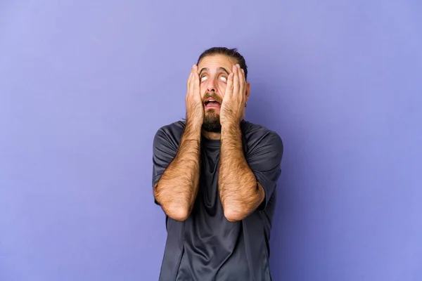 Young Man Long Hair Look Showing Fist Camera Aggressive Facial — Stock Photo, Image