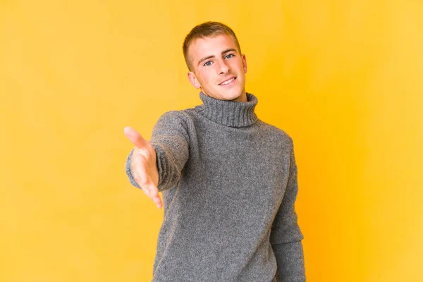 Young Caucasian Handsome Man Stretching Hand Camera Greeting Gesture — Stock Photo, Image