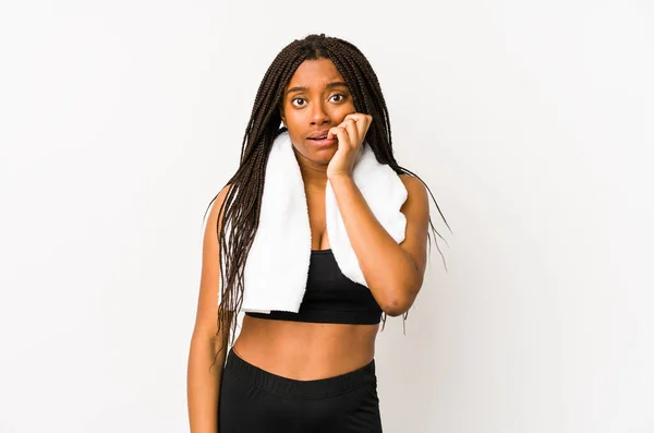 Genç Afro Amerikan Spor Kadını Tırnak Yiyor Gergin Endişeli — Stok fotoğraf