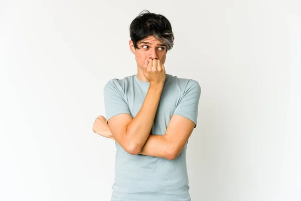 Young Skinny Hispanic Man Biting Fingernails Nervous Very Anxious — Stock Photo, Image