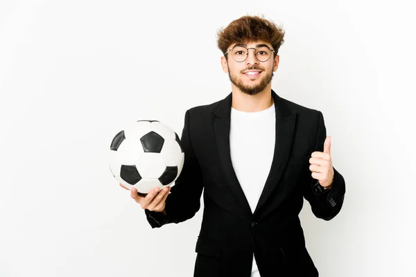 Young Indian Soccer Coach Isolated Smiling Raising Thumb — Foto Stock