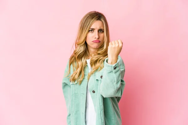 Young Caucasian Blonde Woman Showing Fist Camera Aggressive Facial Expression — Stock Photo, Image