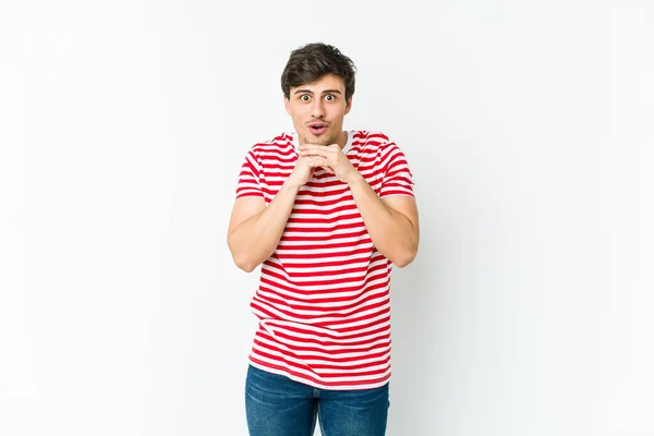 Young Cool Man Praying Luck Amazed Opening Mouth Looking Front — Stock Photo, Image