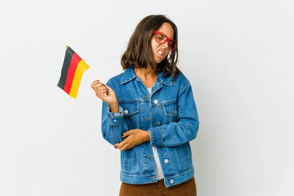 Young Latin Woman Holding German Flag Isolated White Background Massaging — Stock Photo, Image