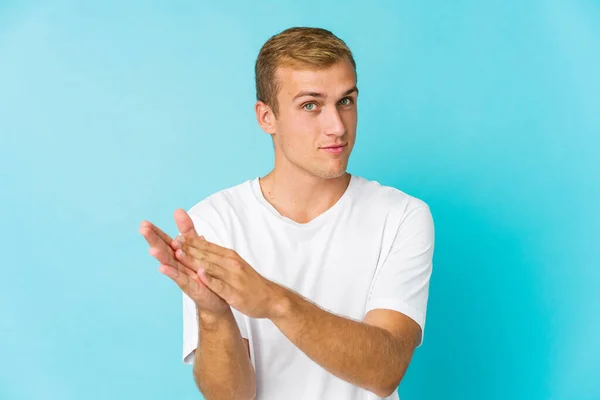 Young Caucasian Handsome Man Feeling Energetic Comfortable Rubbing Hands Confident — Stock Photo, Image