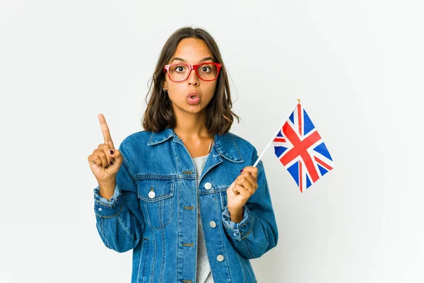 여성은 배경에 영어로 깃발을 아이디어 창의성의 개념을 가지고 — 스톡 사진