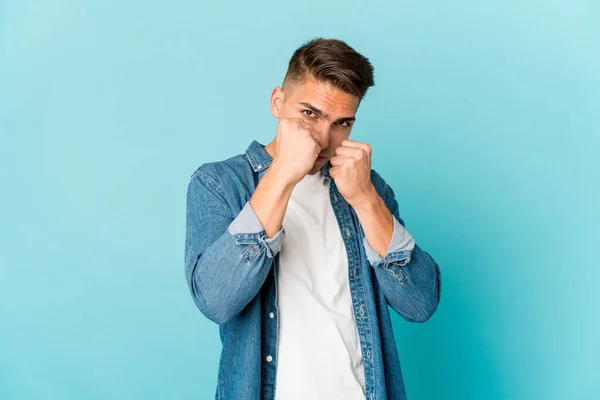 Young Caucasian Handsome Man Isolated Throwing Punch Anger Fighting Due — Stock Photo, Image