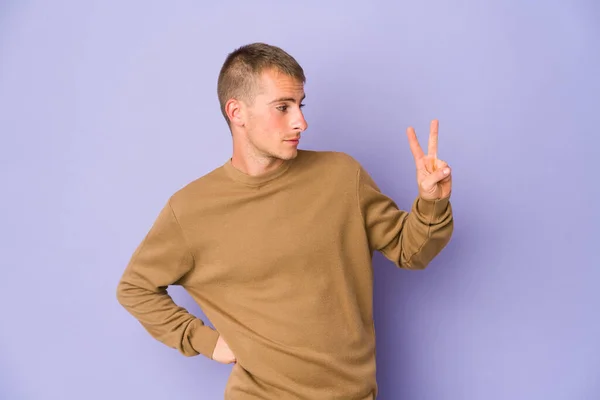 Young Caucasian Handsome Man Joyful Carefree Showing Peace Symbol Fingers — Stock Photo, Image