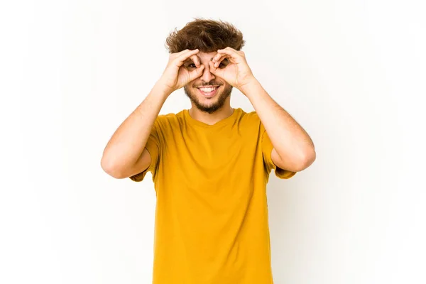 Young Arab Man White Background Showing Okay Sign Eyes — Stock Photo, Image