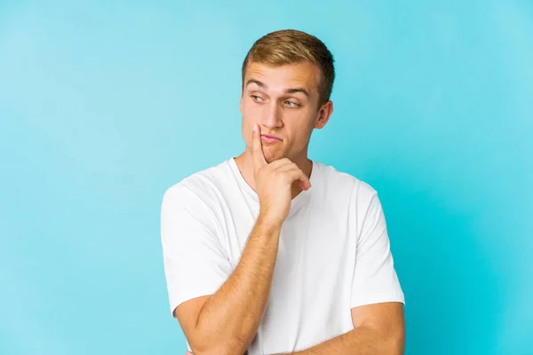 Young Caucasian Handsome Man Looking Sideways Doubtful Skeptical Expression — Stock Photo, Image