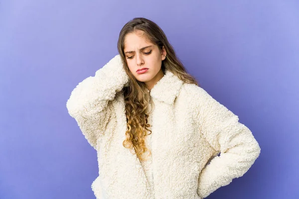 Jovem Caucasiano Bonito Mulher Ter Uma Dor Pescoço Devido Estresse — Fotografia de Stock