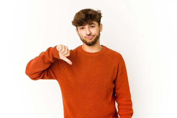Young Arab Man White Background Showing Thumb Disappointment Concept — Stock Fotó