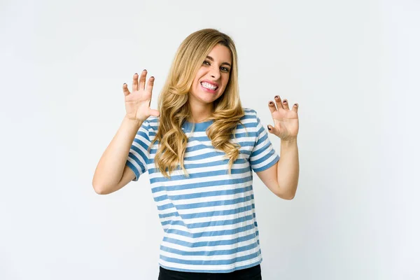 Young Caucasian Blonde Woman Showing Claws Imitating Cat Aggressive Gesture — Stock Photo, Image