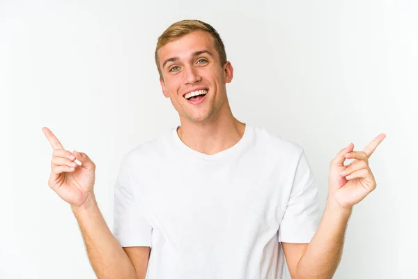Young Caucasian Handsome Man Pointing Different Copy Spaces Choosing One — Stock Photo, Image