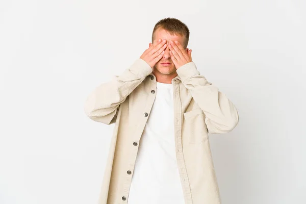 Young Caucasian Handsome Man Afraid Covering Eyes Hands — Stock Photo, Image