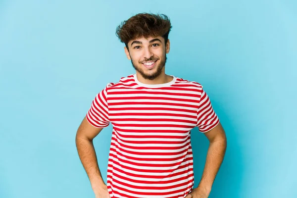 Young Arab Man Blue Background Happy Smiling Cheerful — Stock Photo, Image