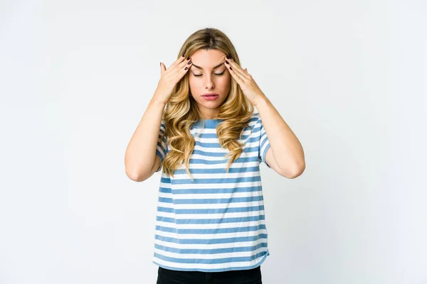 Young Caucasian Blonde Woman Having Head Ache Touching Front Face — Stock Photo, Image