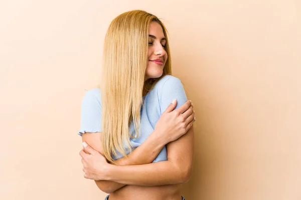Young Blonde Caucasian Woman Hugs Smiling Carefree Happy — Stock Photo, Image