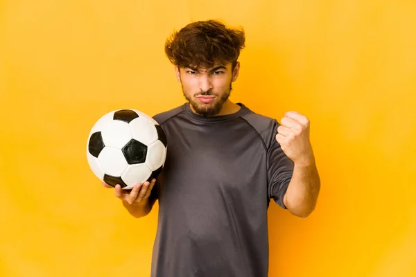 Young Soccer Player Indian Man Showing Fist Camera Aggressive Facial — Foto Stock