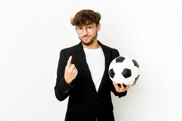 Young Indian Soccer Coach Isolated Pointing Finger You Inviting Come — Foto Stock