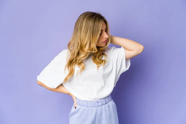 Young Caucasian Blonde Woman Having Neck Pain Due Stress Massaging — Stock Photo, Image