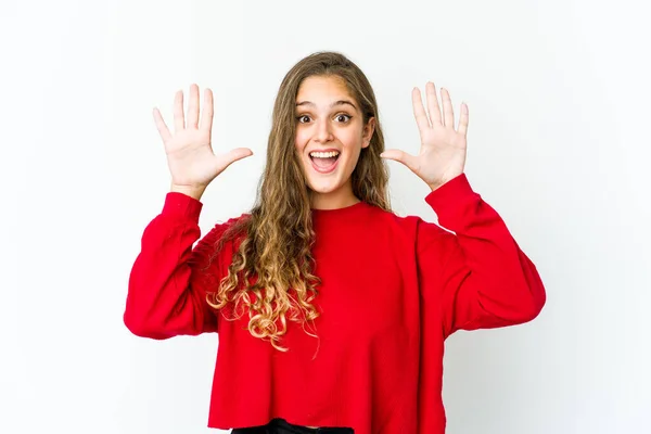 Junge Kaukasische Frau Erhält Eine Angenehme Überraschung Erregt Und Hebt — Stockfoto